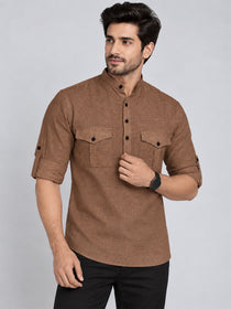 VORA LABEL Men’s Pure Cotton Solid Mandarin Collar Kurta | Full Sleeves with Roll-Up Tab | Casual & Smart Casual Wear