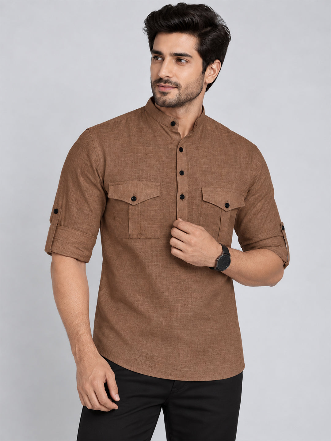 VORA LABEL Men’s Pure Cotton Solid Mandarin Collar Kurta | Full Sleeves with Roll-Up Tab | Casual & Smart Casual Wear