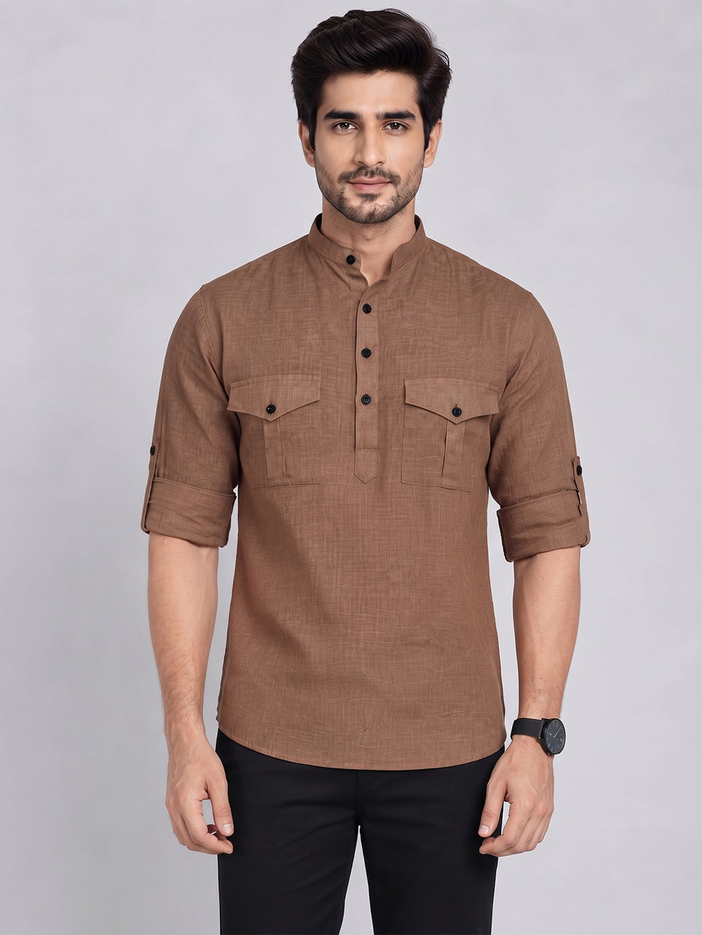 VORA LABEL Men’s Pure Cotton Solid Mandarin Collar Kurta | Full Sleeves with Roll-Up Tab | Casual & Smart Casual Wear