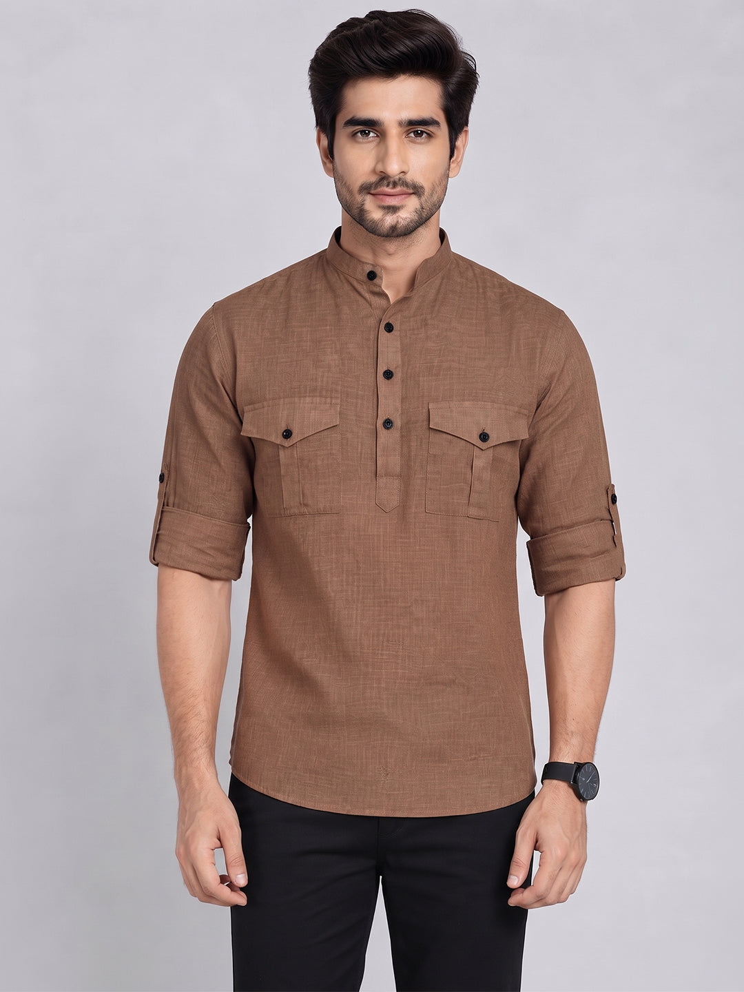 VORA LABEL Men’s Pure Cotton Solid Mandarin Collar Kurta | Full Sleeves with Roll-Up Tab | Casual & Smart Casual Wear