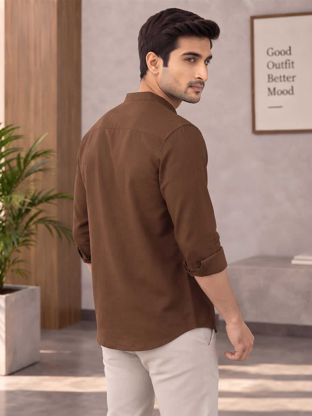 VORA LABEL Men’s Cotton Blend Mandarin Collar Shirt | Full Sleeve Solid Casual & Smart Wear