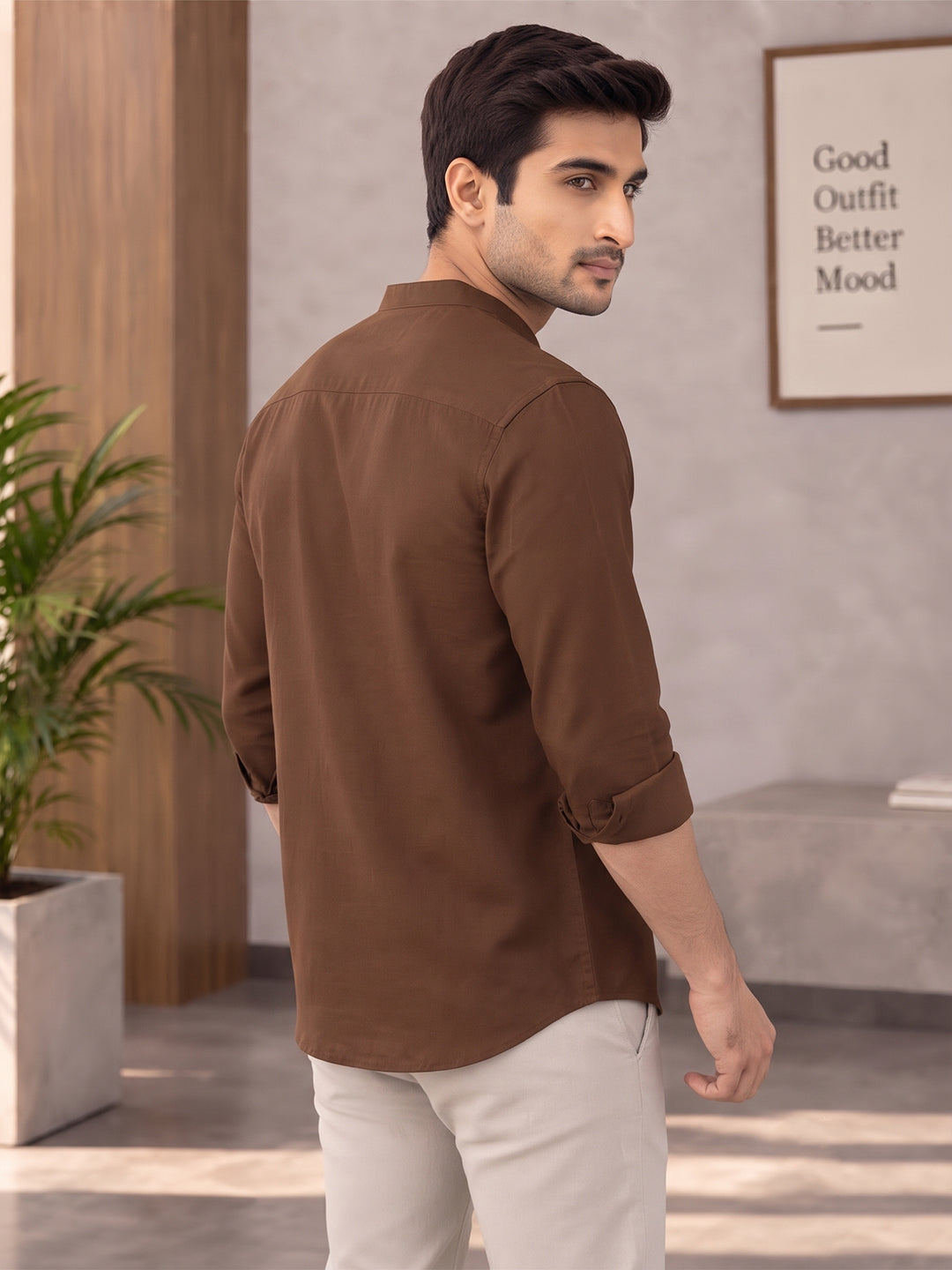 VORA LABEL Men’s Cotton Blend Mandarin Collar Shirt | Full Sleeve Solid Casual & Smart Wear