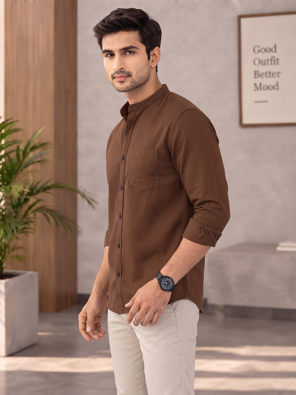 VORA LABEL Men’s Cotton Blend Mandarin Collar Shirt | Full Sleeve Solid Casual & Smart Wear