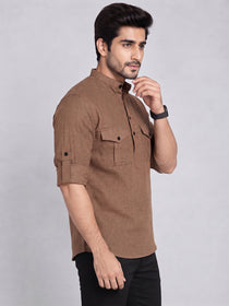 VORA LABEL Men’s Pure Cotton Solid Mandarin Collar Kurta | Full Sleeves with Roll-Up Tab | Casual & Smart Casual Wear