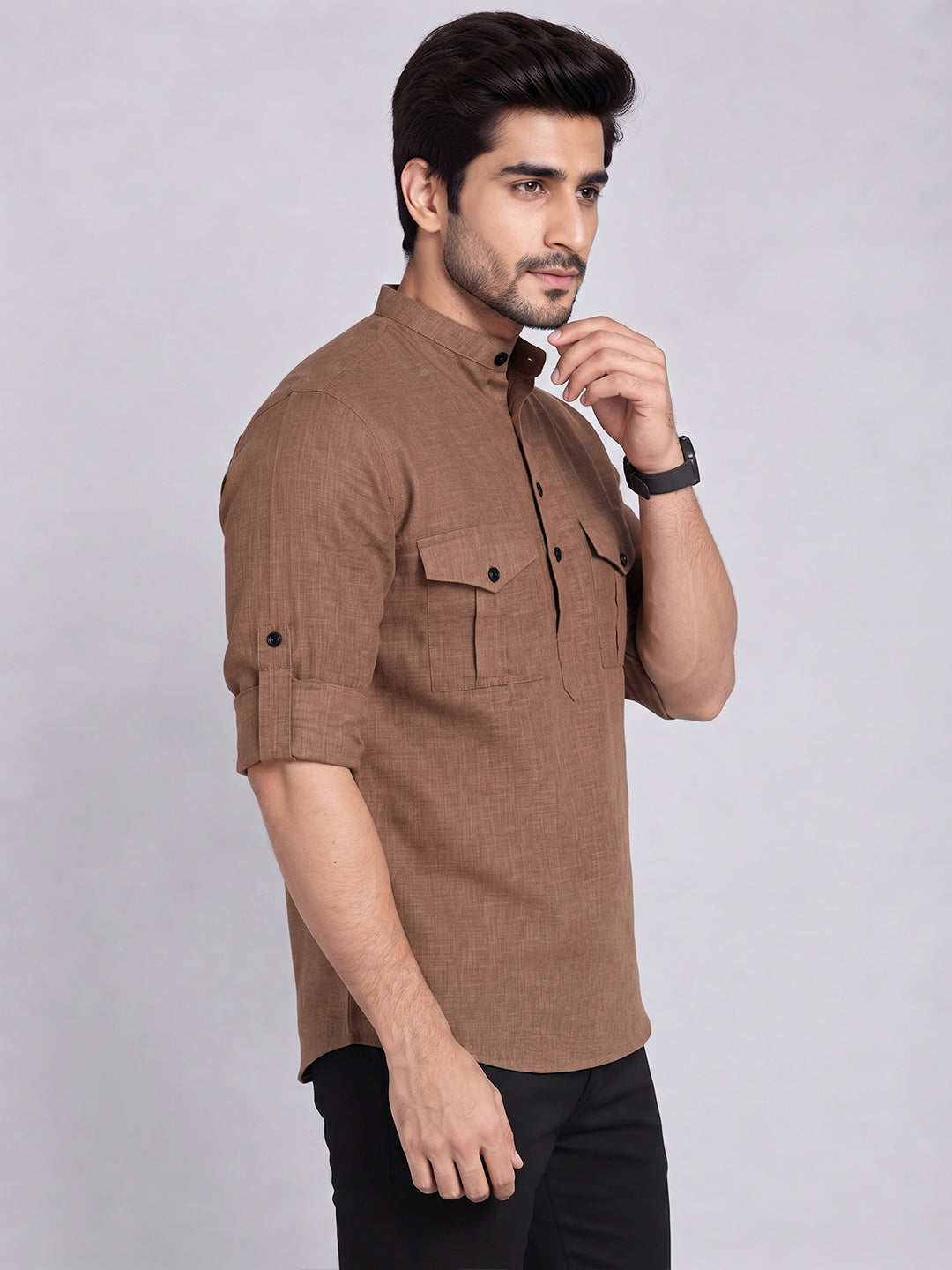 VORA LABEL Men’s Pure Cotton Solid Mandarin Collar Kurta | Full Sleeves with Roll-Up Tab | Casual & Smart Casual Wear