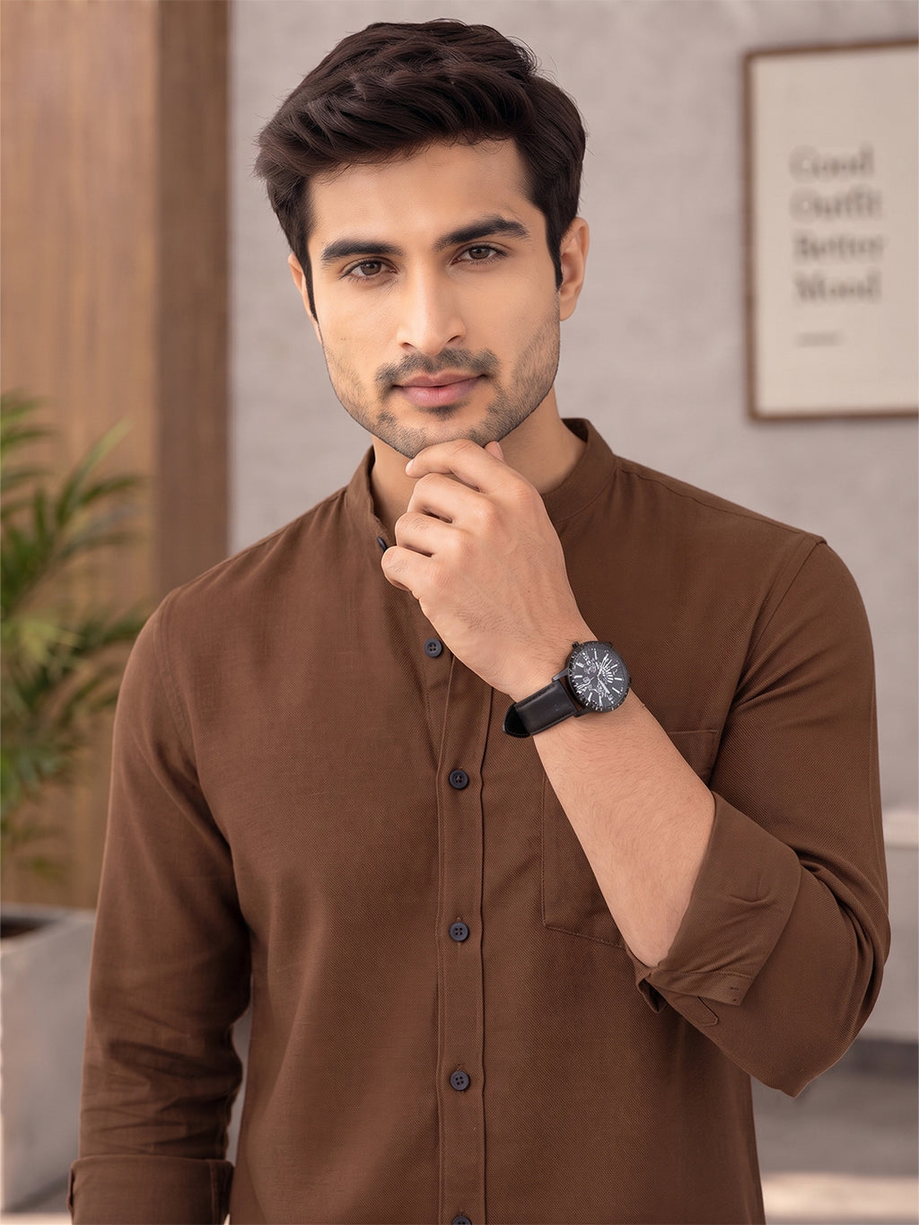 VORA LABEL Men’s Cotton Blend Mandarin Collar Shirt | Full Sleeve Solid Casual & Smart Wear