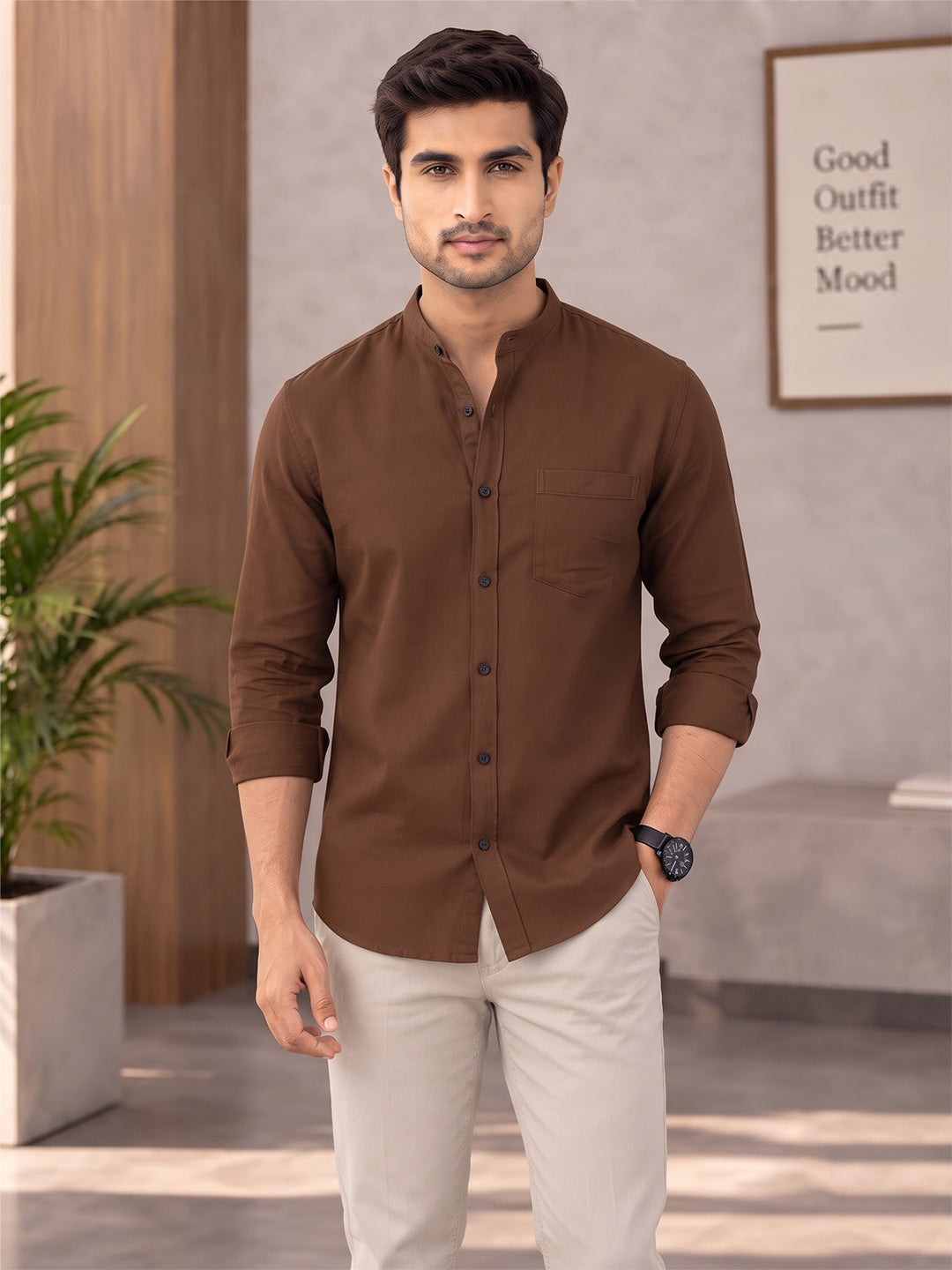 VORA LABEL Men’s Cotton Blend Mandarin Collar Shirt | Full Sleeve Solid Casual & Smart Wear