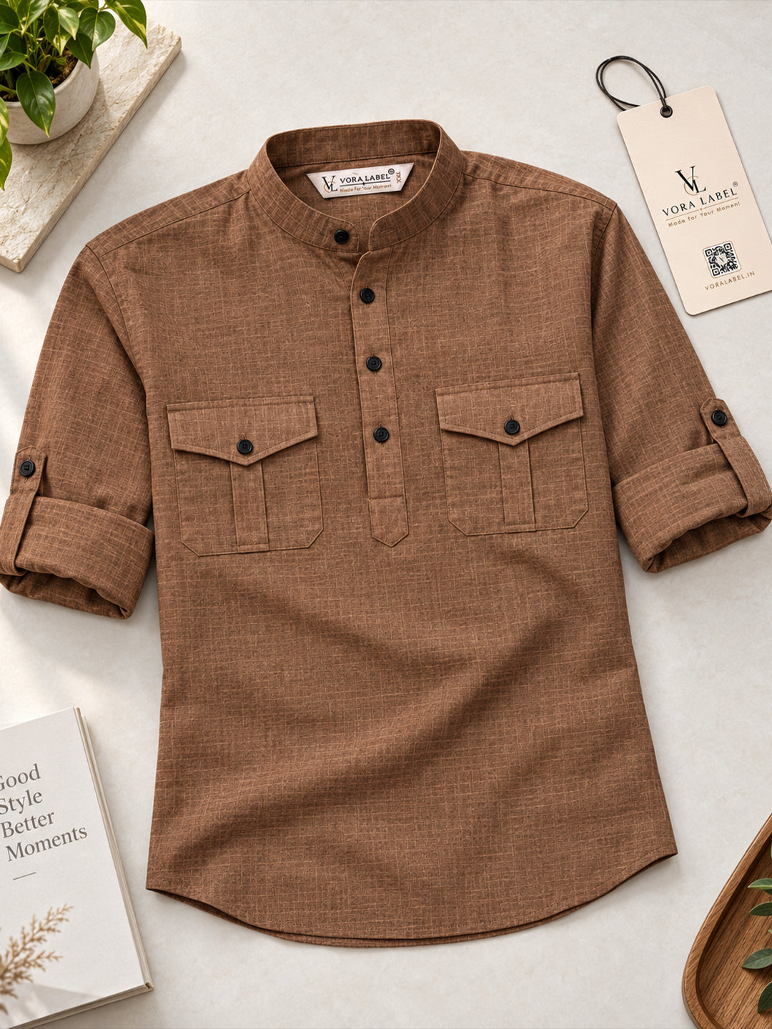 VORA LABEL Men’s Pure Cotton Solid Mandarin Collar Kurta | Full Sleeves with Roll-Up Tab | Casual & Smart Casual Wear