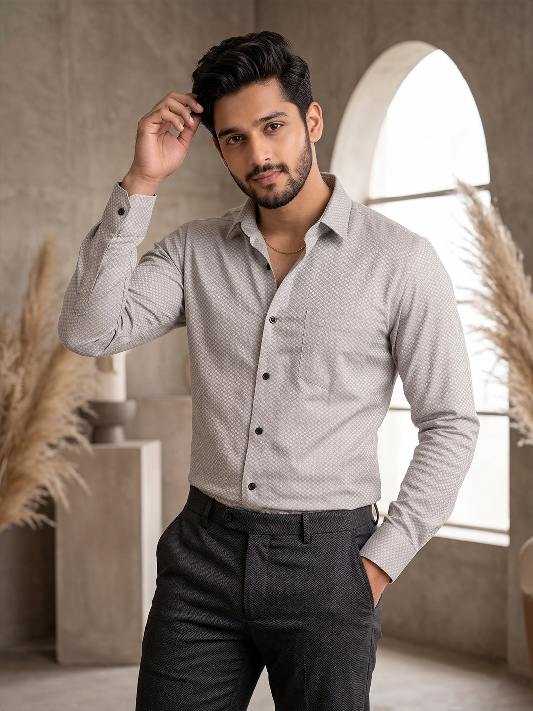 VORA LABEL Men Cotton Printed Regular Fit Casual Shirt - Light Grey
