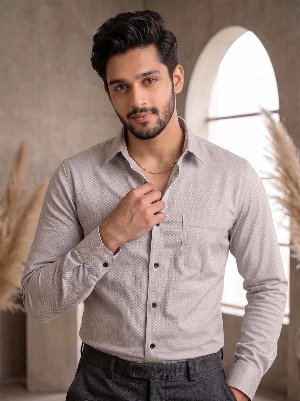 VORA LABEL Men Cotton Printed Regular Fit Casual Shirt - Light Grey
