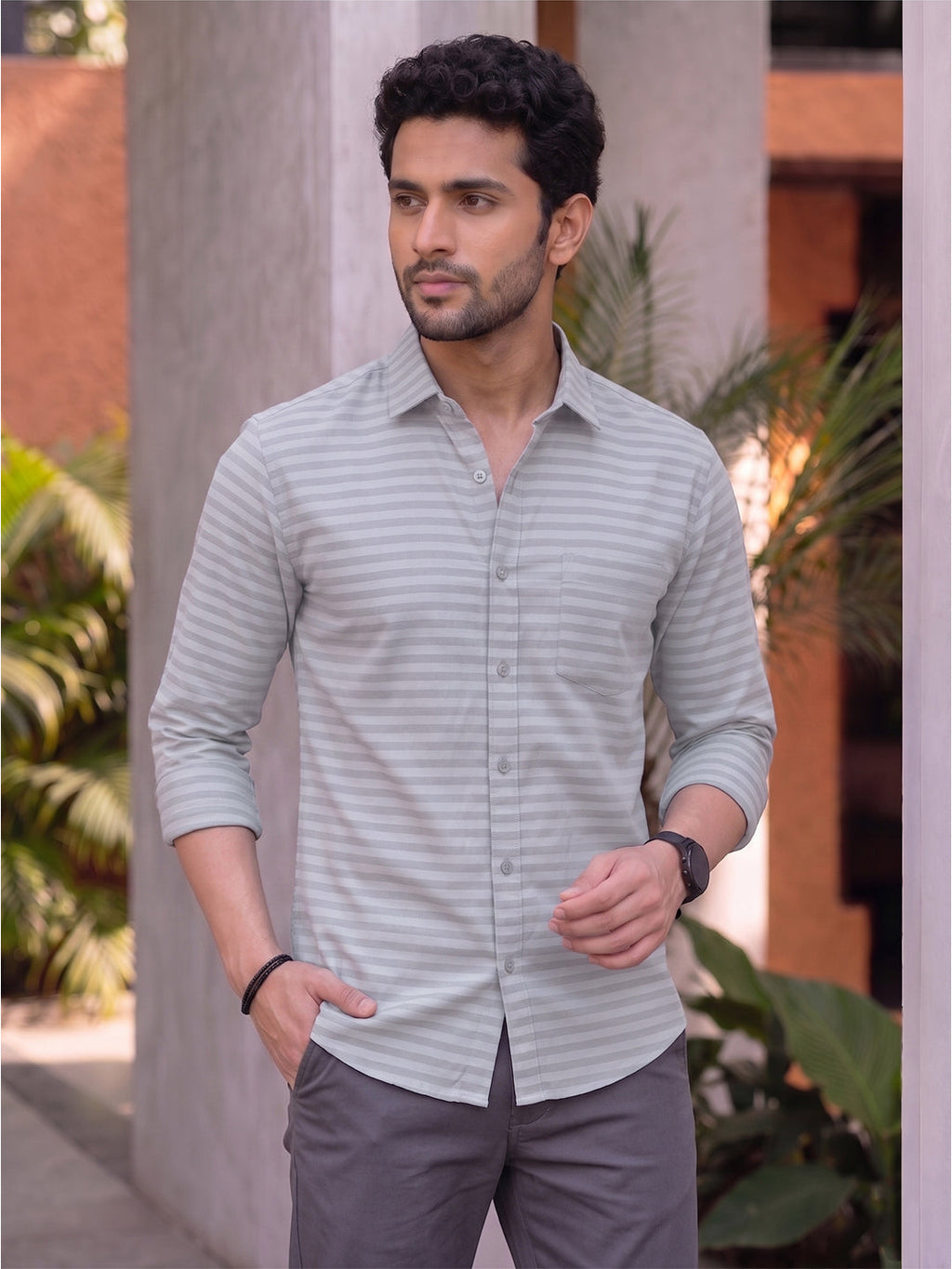 VORA LABEL Men Denim Striped Slim Fit Casual Shirt - Black