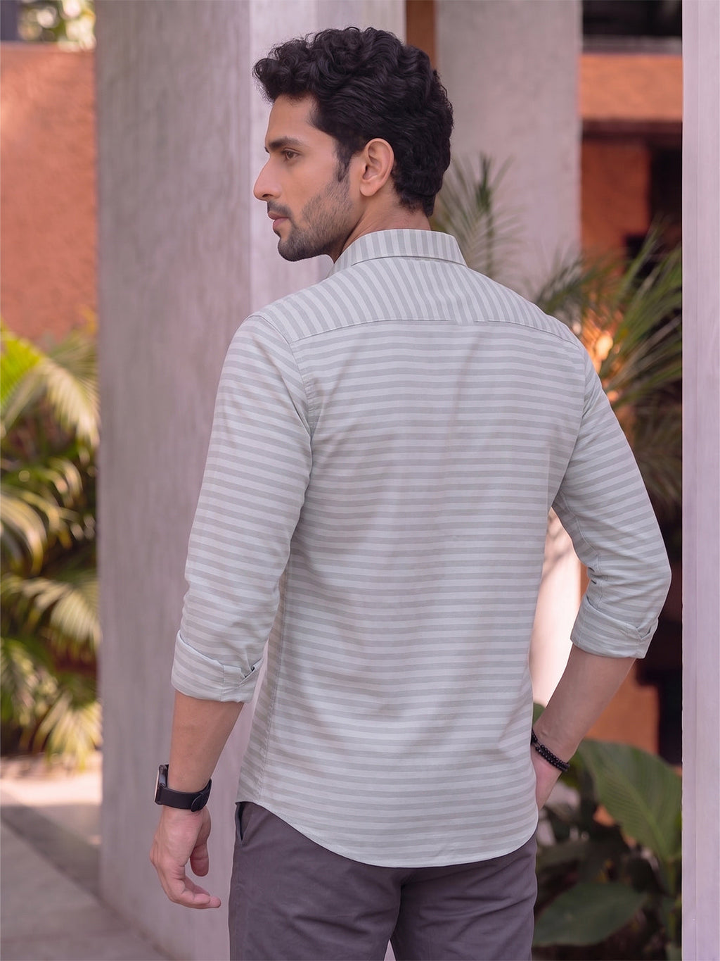 VORA LABEL Men Denim Striped Slim Fit Casual Shirt - Black