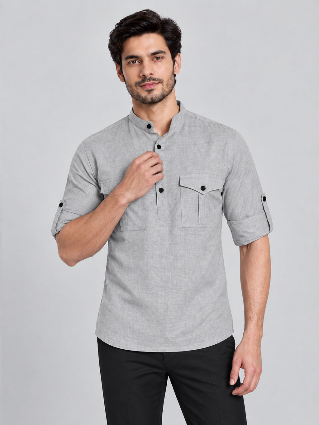 VORA LABEL Men’s Pure Cotton Solid Mandarin Collar Kurta | Full Sleeves with Roll-Up Tab | Casual & Smart Casual Wear