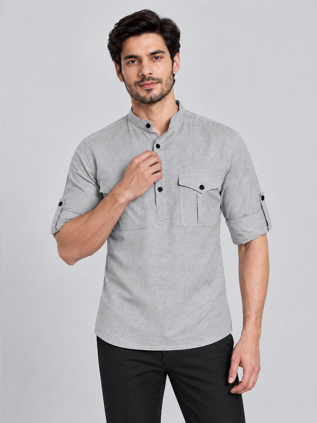 VORA LABEL Men’s Pure Cotton Solid Mandarin Collar Kurta | Full Sleeves with Roll-Up Tab | Casual & Smart Casual Wear