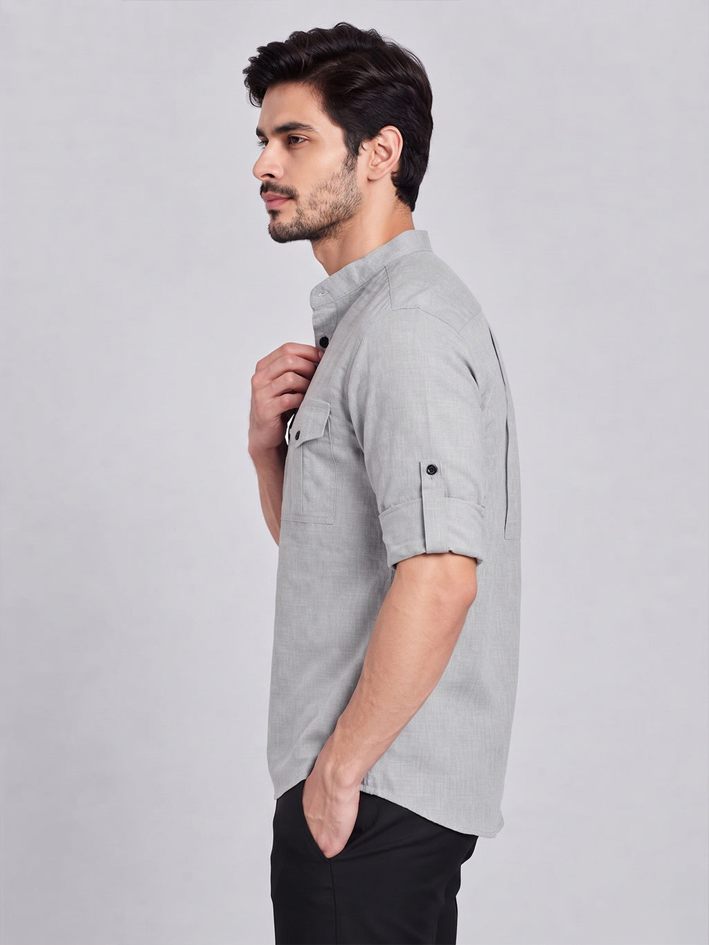 VORA LABEL Men’s Pure Cotton Solid Mandarin Collar Kurta | Full Sleeves with Roll-Up Tab | Casual & Smart Casual Wear