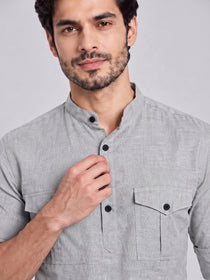 VORA LABEL Men’s Pure Cotton Solid Mandarin Collar Kurta | Full Sleeves with Roll-Up Tab | Casual & Smart Casual Wear