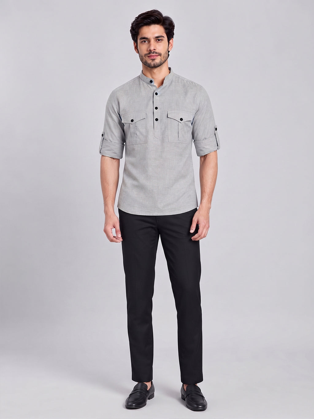 VORA LABEL Men’s Pure Cotton Solid Mandarin Collar Kurta | Full Sleeves with Roll-Up Tab | Casual & Smart Casual Wear