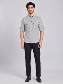 VORA LABEL Men’s Pure Cotton Solid Mandarin Collar Kurta | Full Sleeves with Roll-Up Tab | Casual & Smart Casual Wear