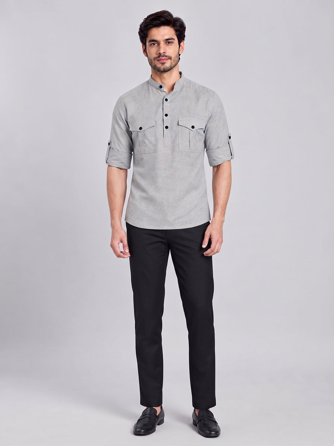 VORA LABEL Men’s Pure Cotton Solid Mandarin Collar Kurta | Full Sleeves with Roll-Up Tab | Casual & Smart Casual Wear