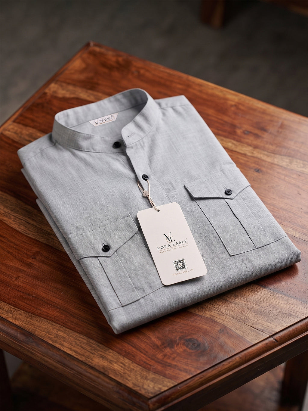 VORA LABEL Men’s Pure Cotton Solid Mandarin Collar Kurta | Full Sleeves with Roll-Up Tab | Casual & Smart Casual Wear