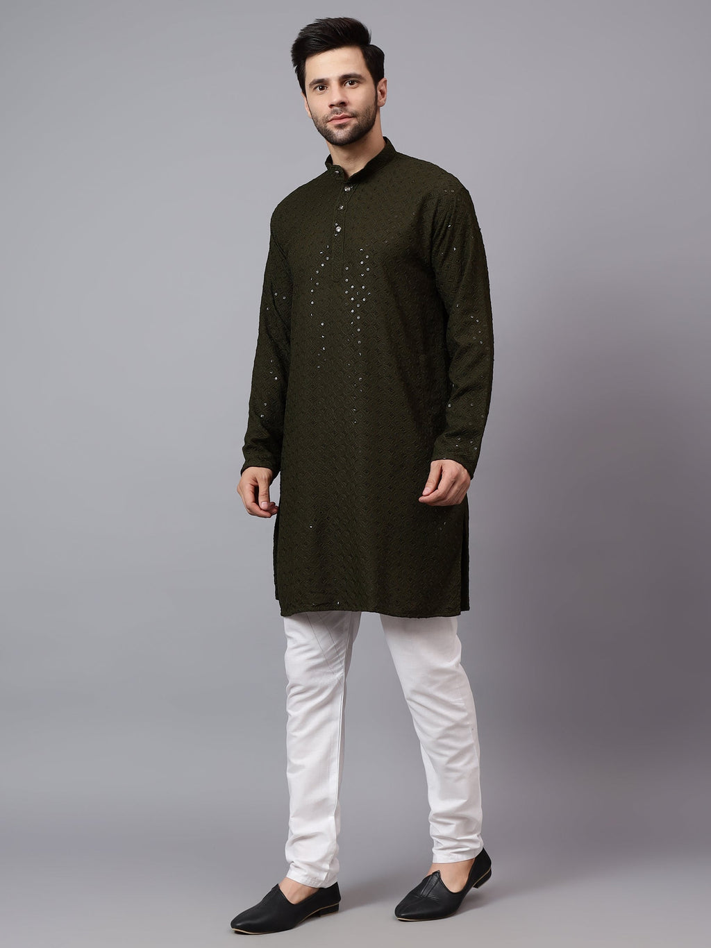 VORA LABEL Men Rayon Schiffli Chikankari Embroidered Long Kurta Set - Red