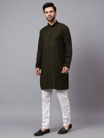 VORA LABEL Men Rayon Schiffli Chikankari Embroidered Long Kurta Set - Red