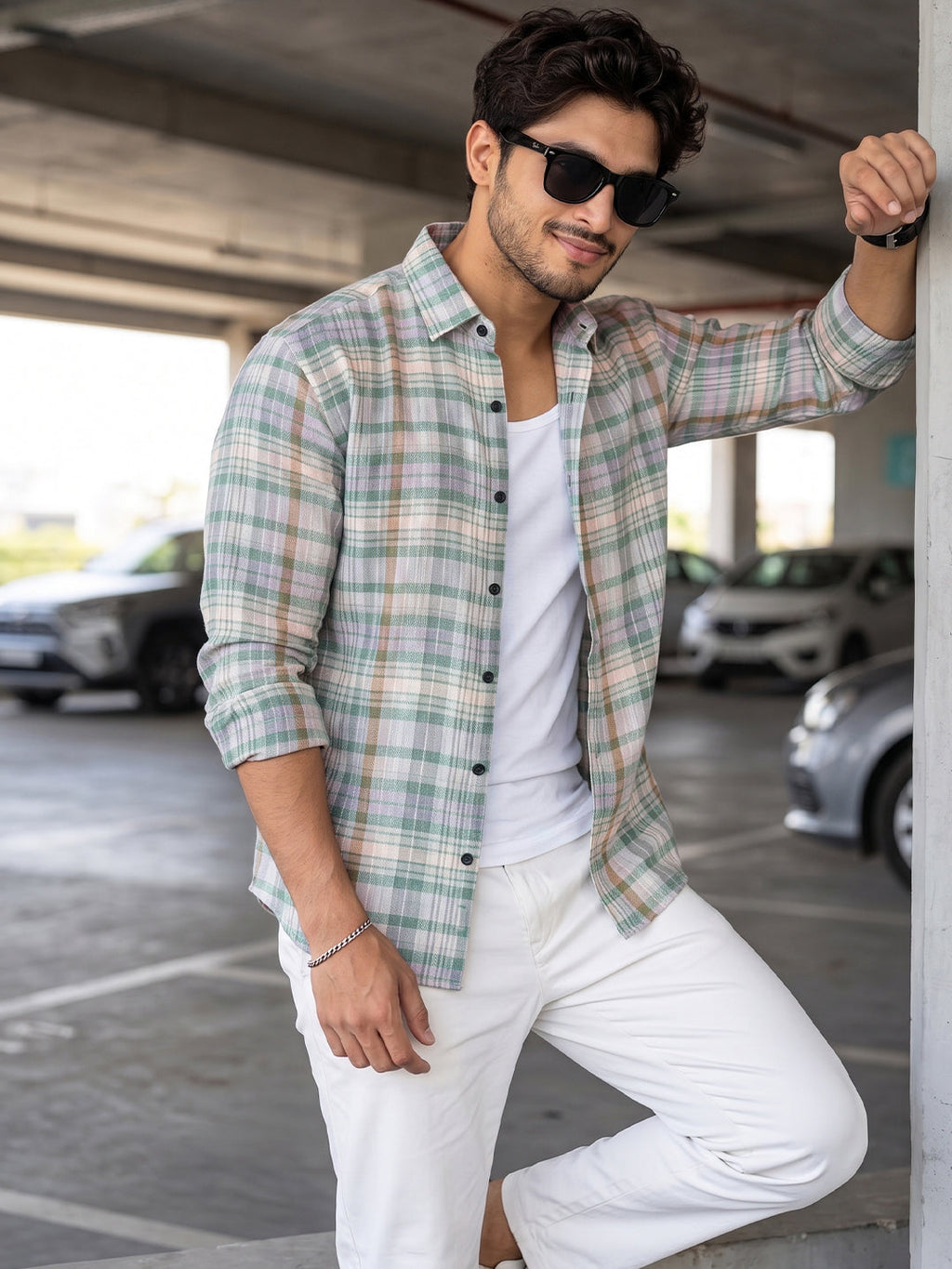 VORA LABEL Men Cotton Checked Regular Fit Casual Shirt - White