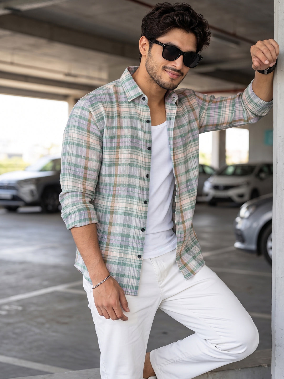 VORA LABEL Men Cotton Checked Regular Fit Casual Shirt - White