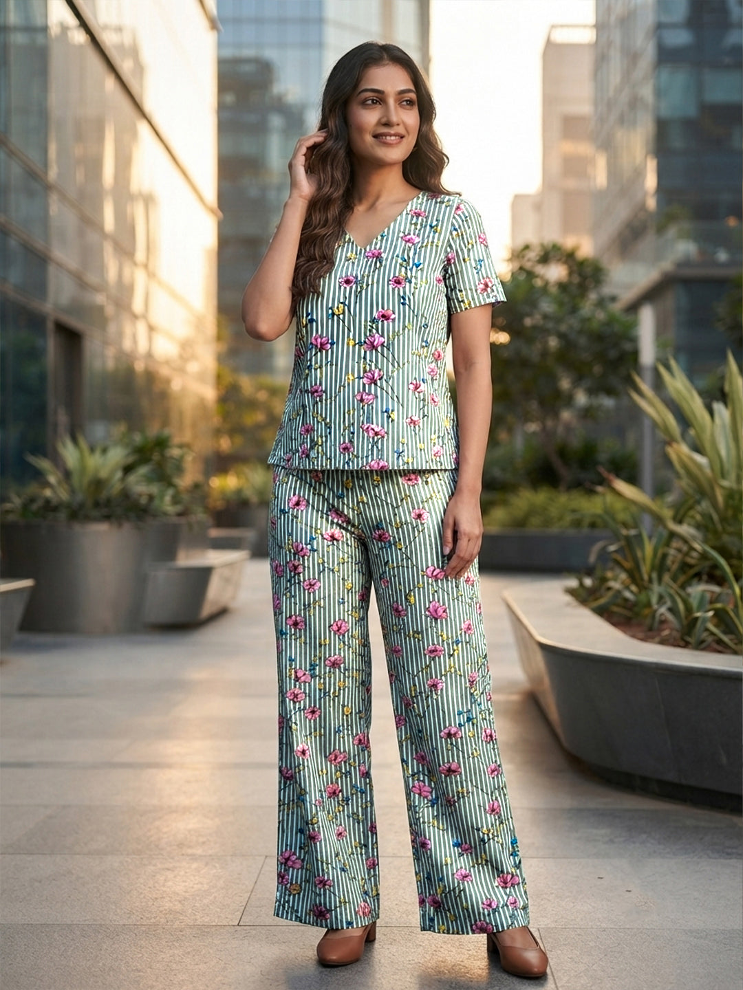 VORA LABEL Women Linen Cotton Floral Printed Regular Fit Night Suit Set - Green Secondary image