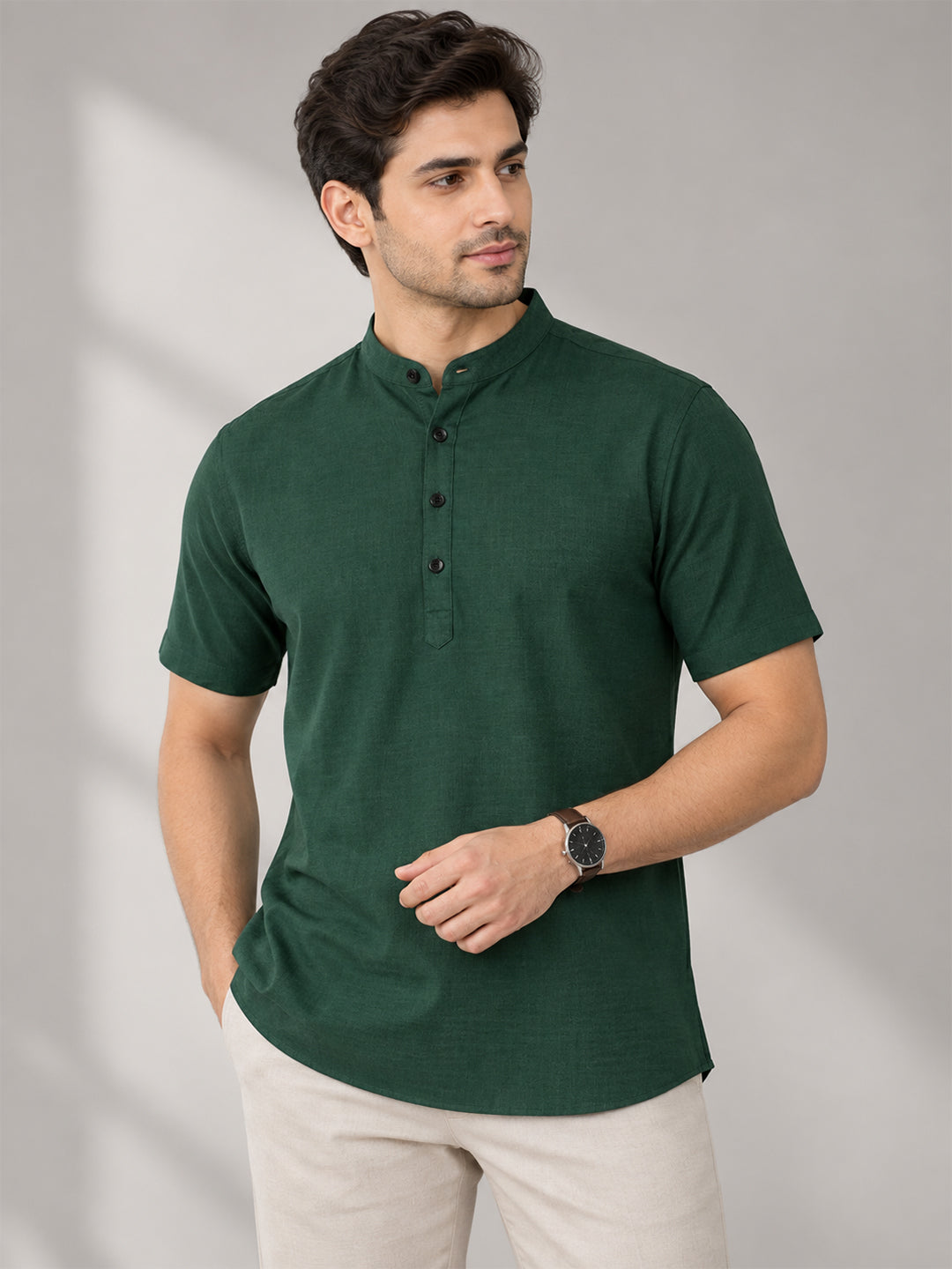 VORA LABEL Men’s Cotton Blend Mandarin Collar Half Kurta | Short Sleeve Solid Casual Wear