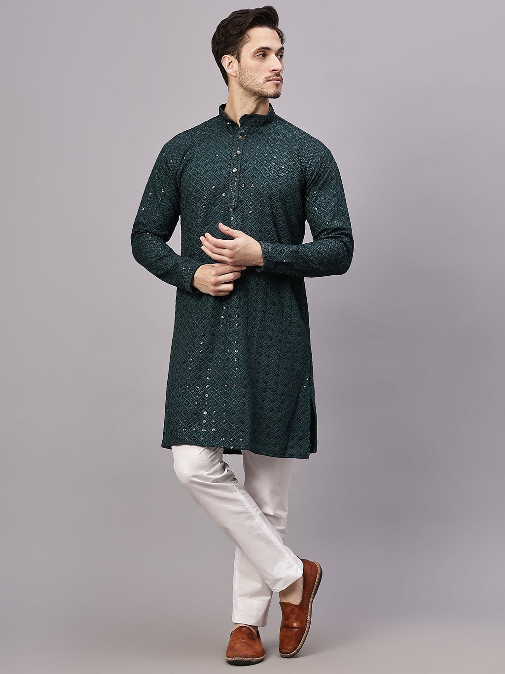VORA LABEL Men Rayon Schiffli Chikankari Floral Printed Long Kurta Set - Pista