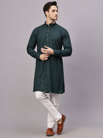 VORA LABEL Men Rayon Schiffli Chikankari Floral Printed Long Kurta Set - Pista