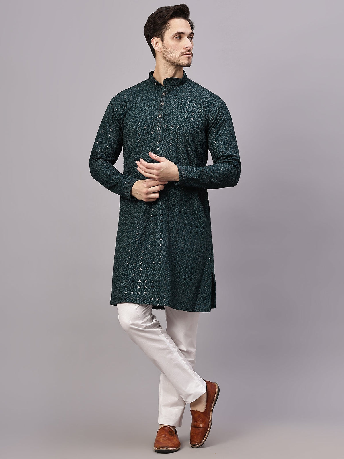 VORA LABEL Men Rayon Schiffli Chikankari Floral Printed Long Kurta Set - Pista