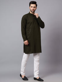 VORA LABEL Men Rayon Schiffli Chikankari Embroidered Long Kurta Set - Red
