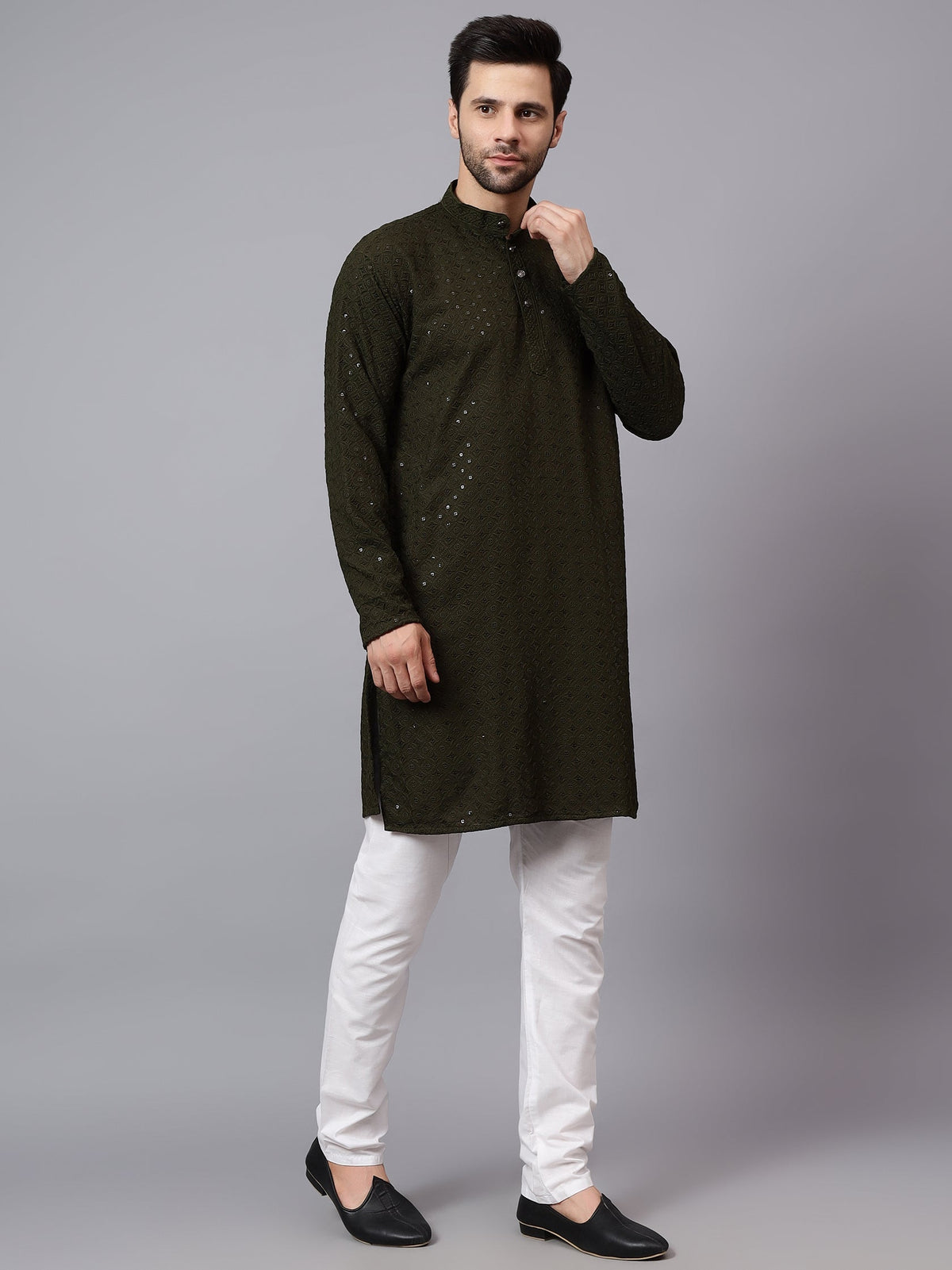VORA LABEL Men Rayon Schiffli Chikankari Embroidered Long Kurta Set - Red
