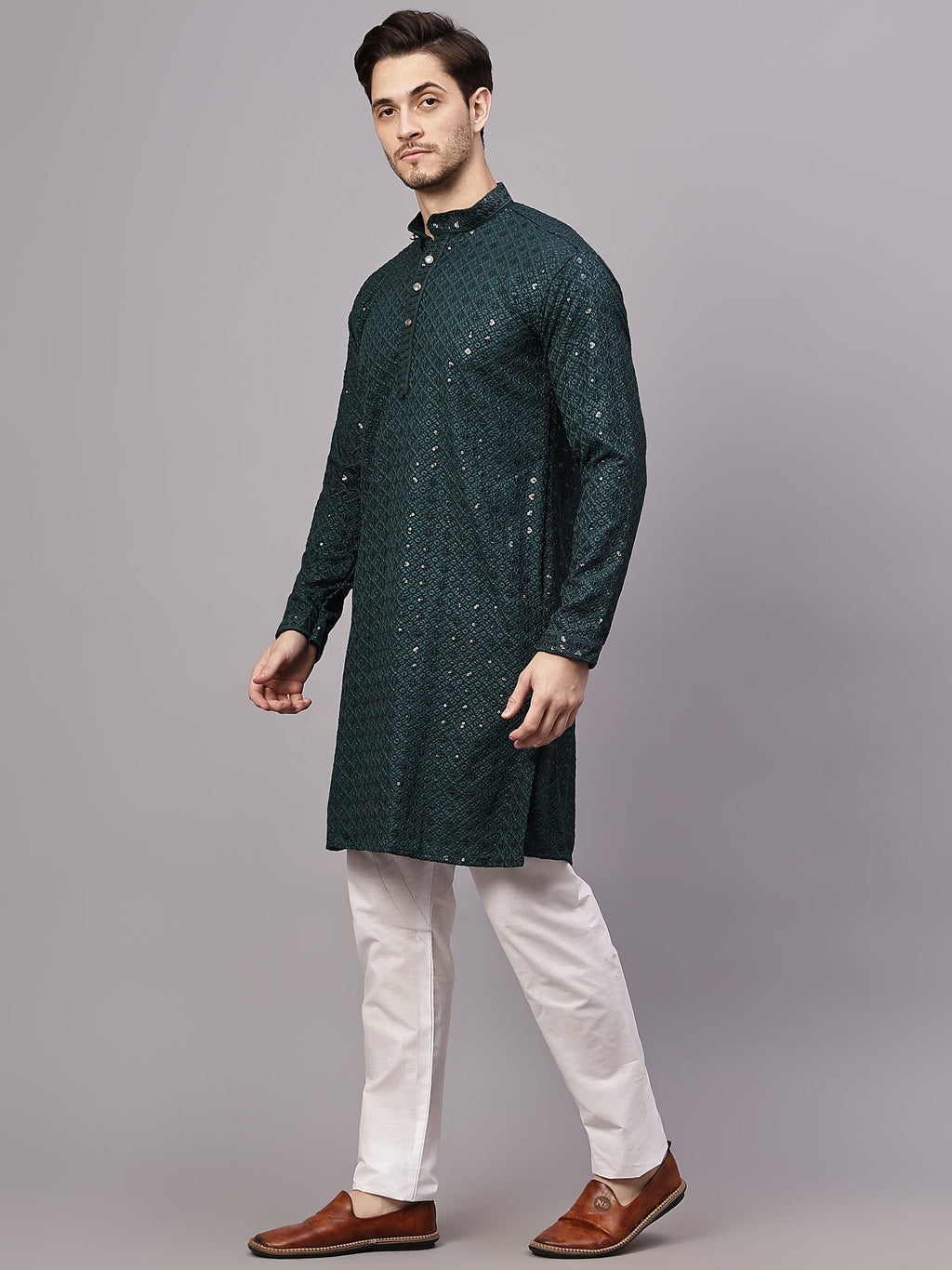 VORA LABEL Men Rayon Schiffli Chikankari Floral Printed Long Kurta Set - Pista