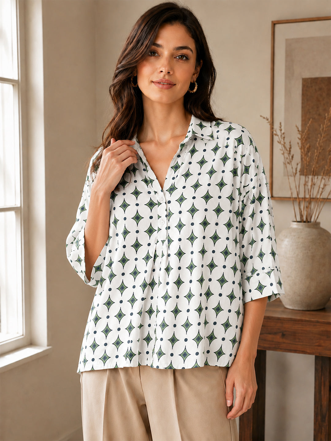 VORA LABEL Women’s Pure Cotton Printed Top | 3/4 Sleeve Relaxed Fit Collared Casual & Office Wear Shirt Secondary image