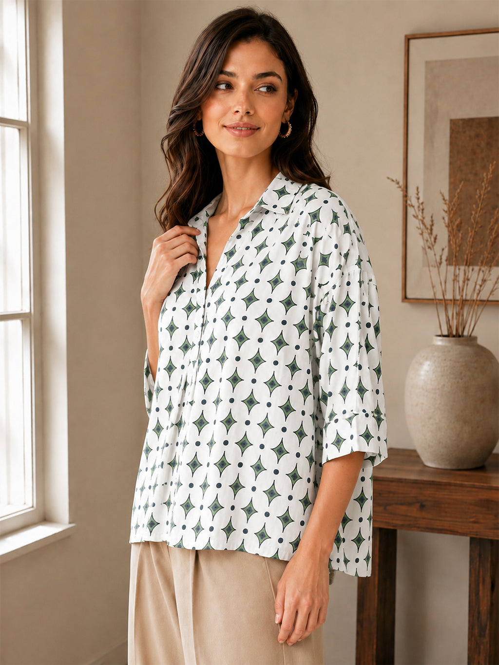 VORA LABEL Women’s Pure Cotton Printed Top | 3/4 Sleeve Relaxed Fit Collared Casual & Office Wear Shirt