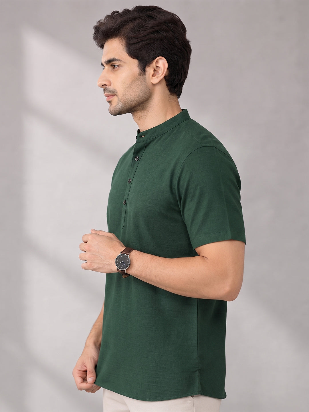 VORA LABEL Men’s Cotton Blend Mandarin Collar Half Kurta | Short Sleeve Solid Casual Wear