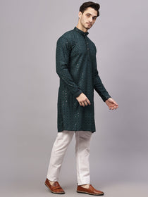VORA LABEL Men Rayon Schiffli Chikankari Floral Printed Long Kurta Set - Pista
