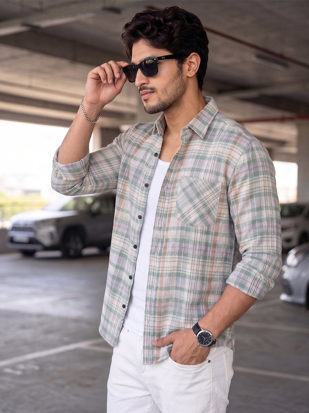 VORA LABEL Men Cotton Checked Regular Fit Casual Shirt - White