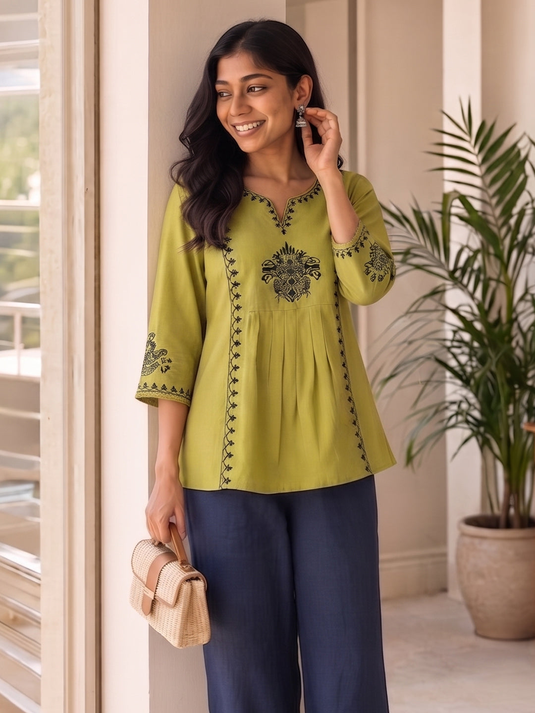 VORA LABEL Women Viscose Rayon Embroidered Regular Fit Peplum Top - Black