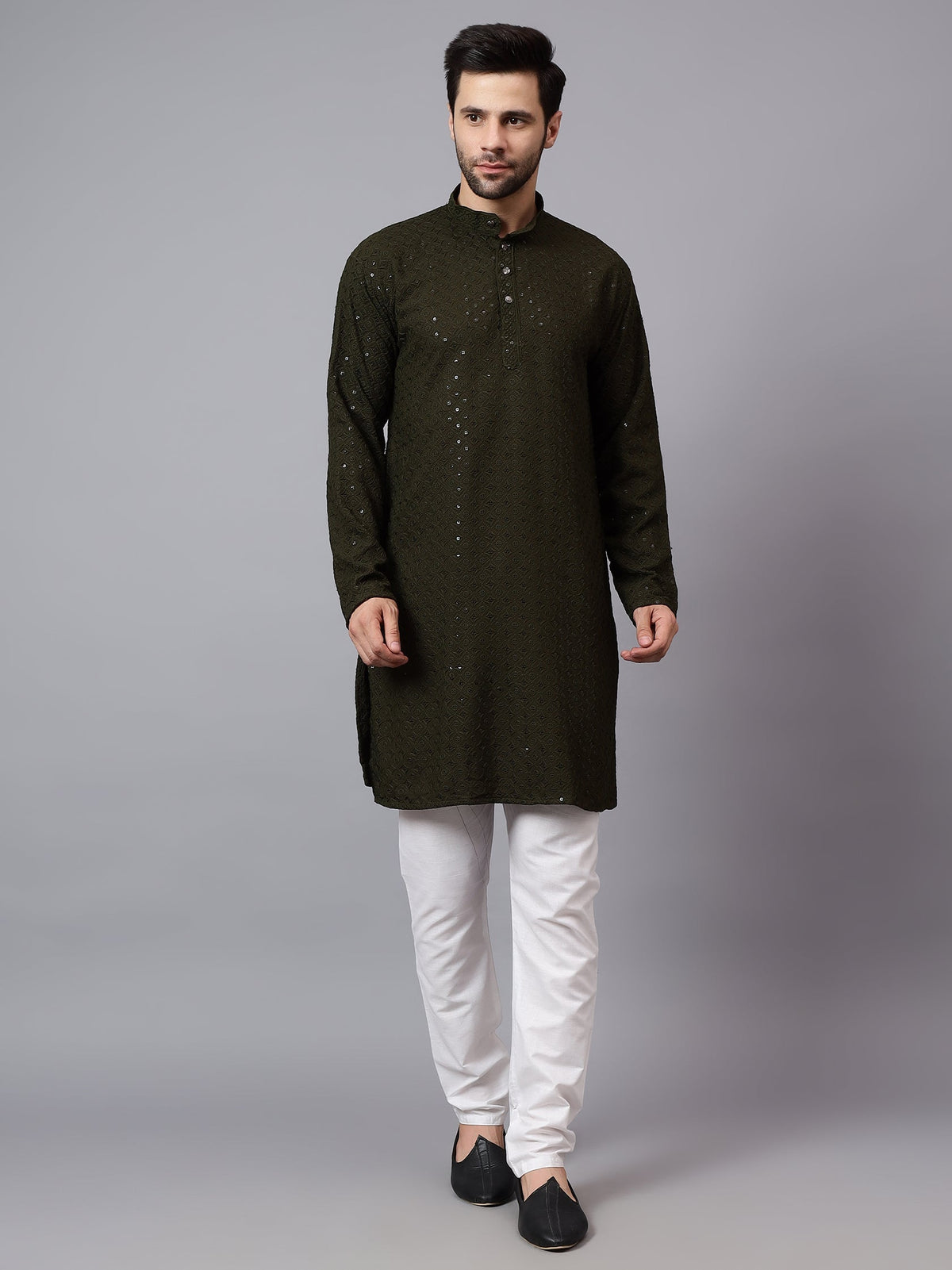 VORA LABEL Men Rayon Schiffli Chikankari Embroidered Long Kurta Set - Red