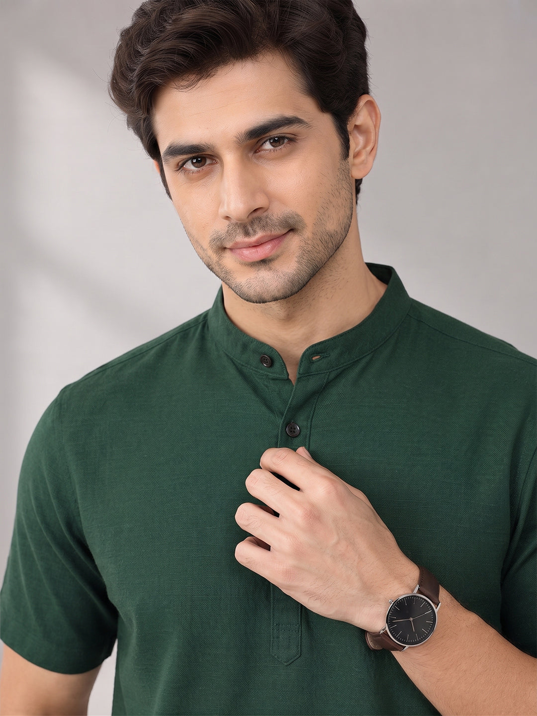 VORA LABEL Men’s Cotton Blend Mandarin Collar Half Kurta | Short Sleeve Solid Casual Wear