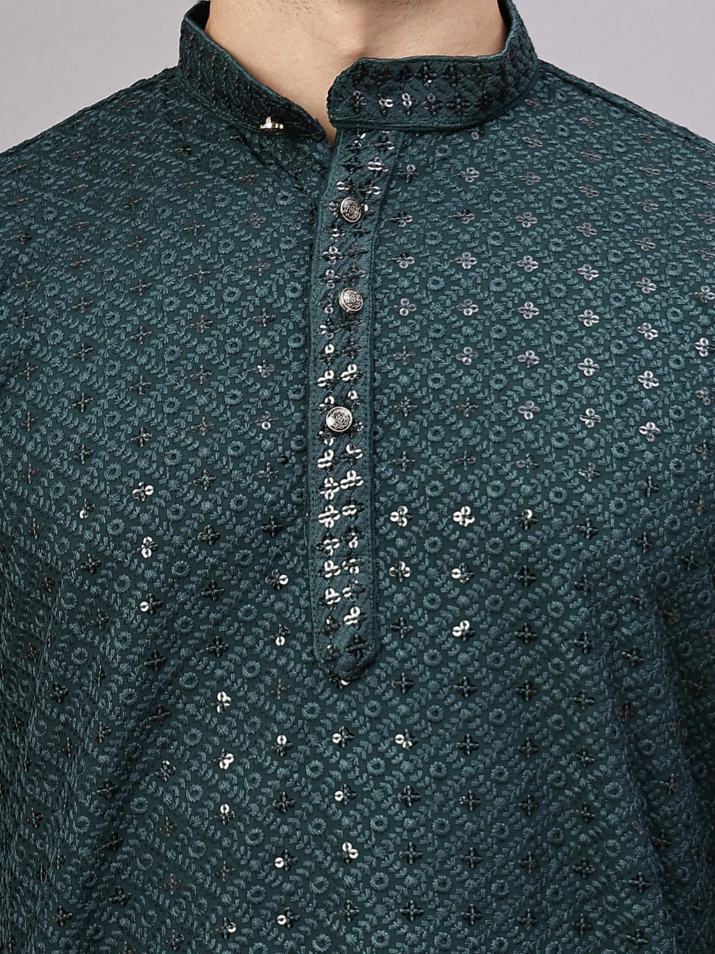 VORA LABEL Men Rayon Schiffli Chikankari Floral Printed Long Kurta Set - Pista