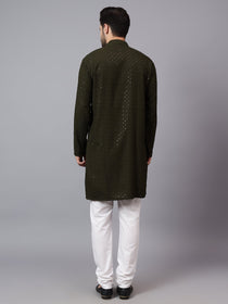 VORA LABEL Men Rayon Schiffli Chikankari Embroidered Long Kurta Set - Red
