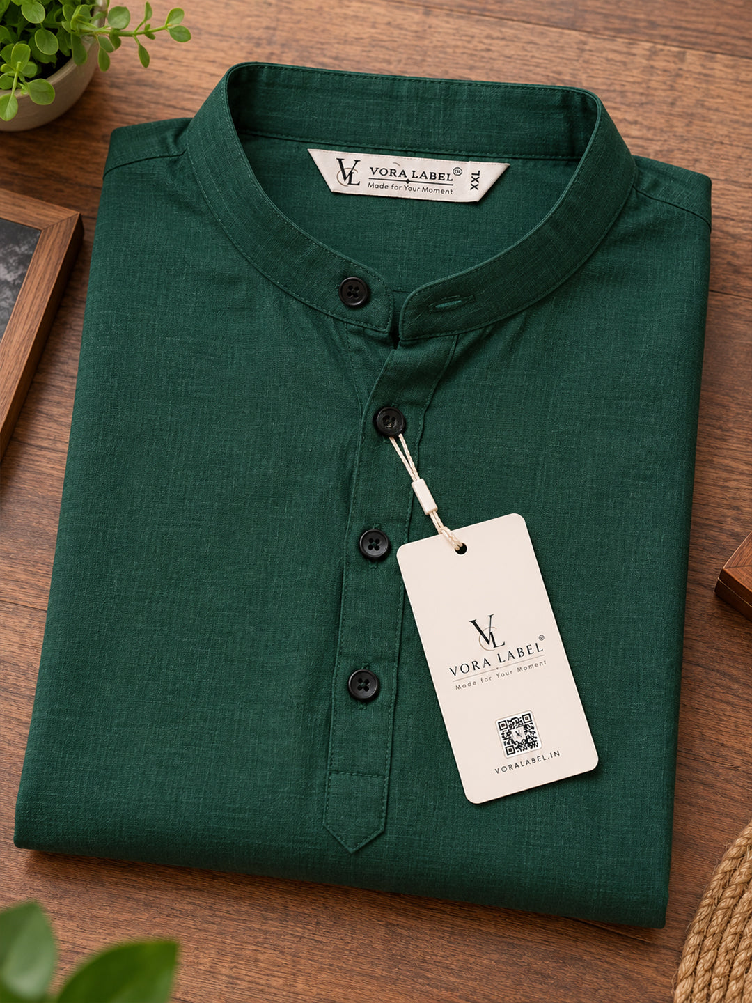 VORA LABEL Men’s Cotton Blend Mandarin Collar Half Kurta | Short Sleeve Solid Casual Wear