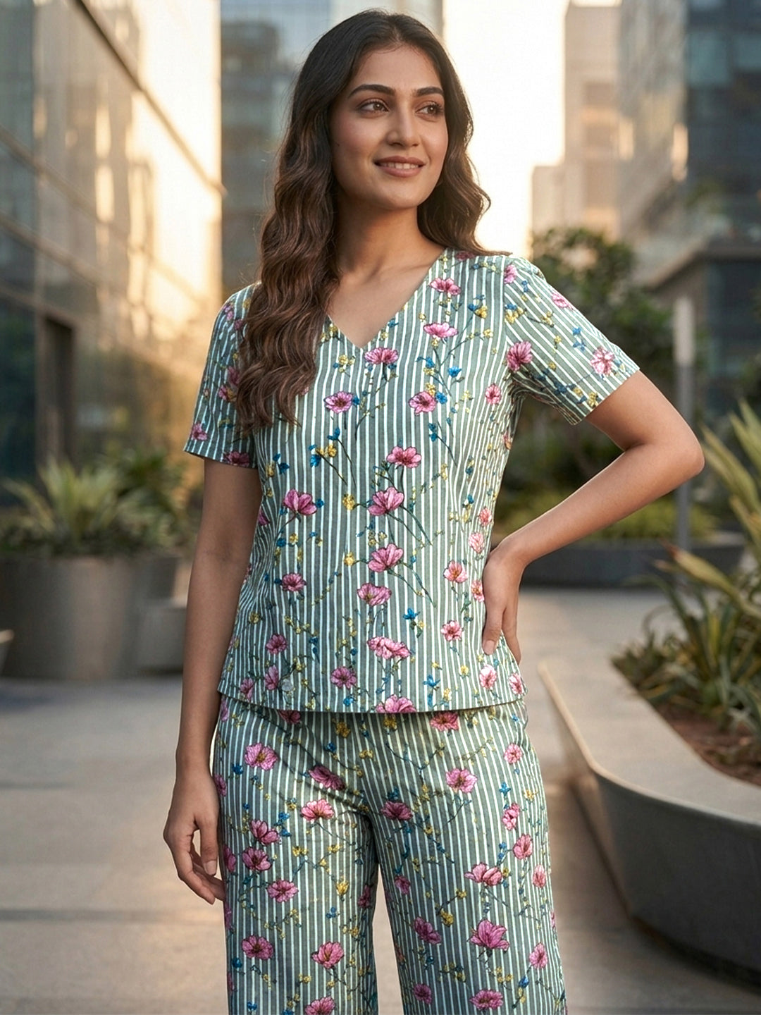 VORA LABEL Women Linen Cotton Floral Printed Regular Fit Night Suit Set - Green Main image