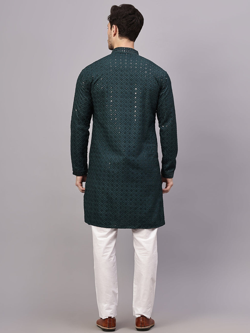VORA LABEL Men Rayon Schiffli Chikankari Floral Printed Long Kurta Set - Pista