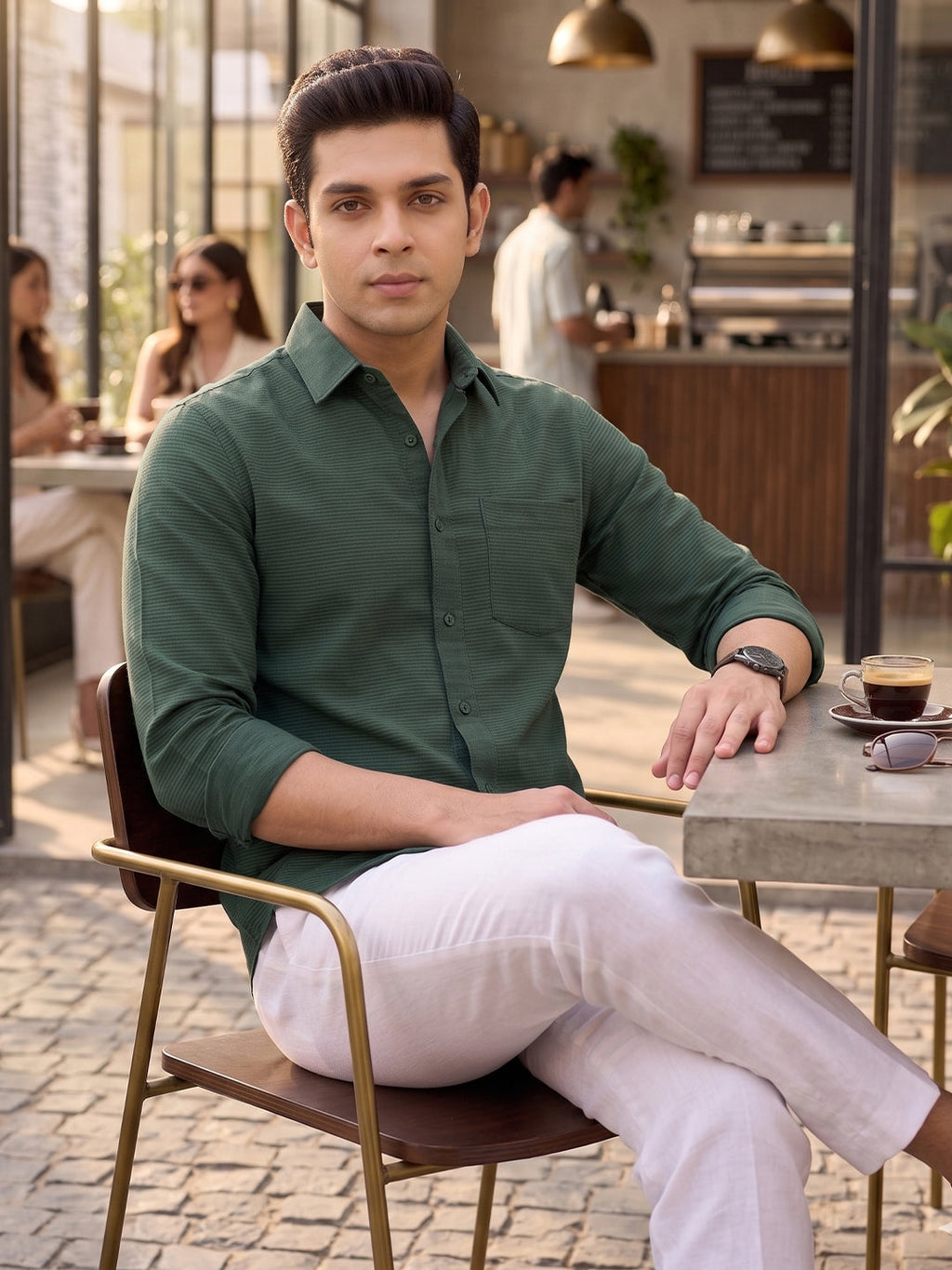 VORA LABEL Men Cotton Solid Regular Fit Casual Shirt - Green